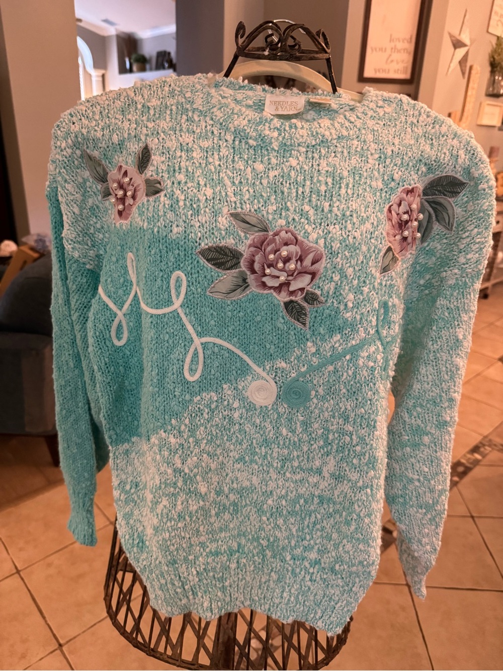 Vintage Embroidered Seafoam Crewneck Sweater with Floral Appliqué